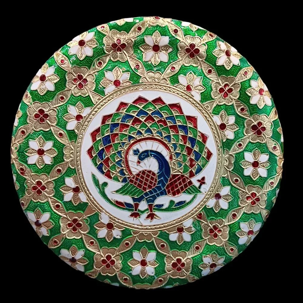 Peacock Tin Canister Stainless Steel Meenakari Green Blue Red Floral Approxim